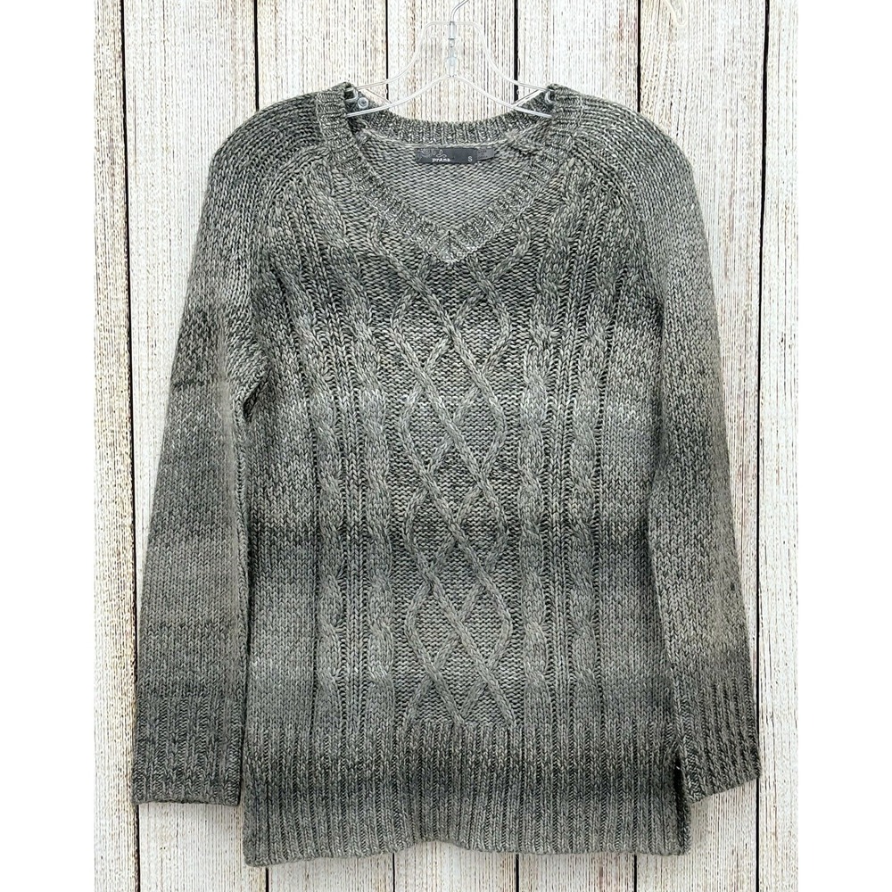 Prana Liesel Sweater Women's Size Small Gray Striped Chunky Cable Knit V Neck